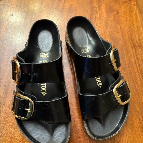 Birkenstock Shoes - Birkenstock Woman’s Black Big Buckle Gold Buckle Sandals 38